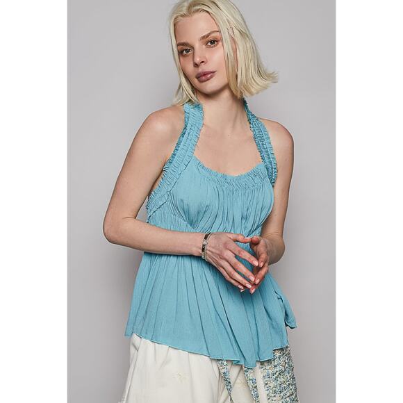 POL Backless Halter Neckline Sleeveless Smocked Shirring Detail Tank Top | Blue - Picture 5 of 7
